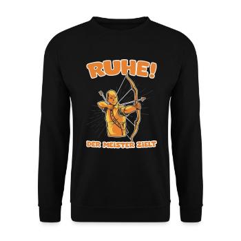 Ruhe! Der Meister zielt! Bogenschießen Bogensport - Unisex Pullover - Schwarz - Vorne - Alina (178cm) & Michal (187cm)