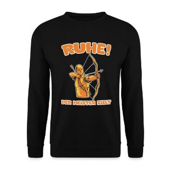 Ruhe! Der Meister zielt! Bogenschießen Bogensport - Unisex Pullover - Schwarz - Vorne - Alina (178cm) & Michal (187cm)