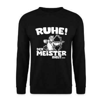 Ruhe! Der Meister zielt! Bogenschießen Bogensport - Unisex Pullover - Schwarz - Vorne - Alina (178cm) & Michal (187cm)