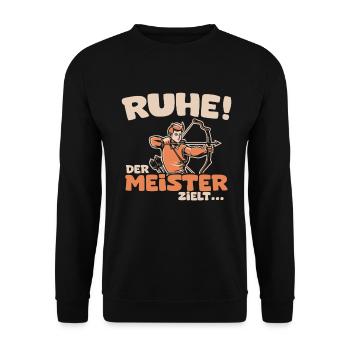 Ruhe! Der Meister zielt! Bogenschießen Bogensport - Unisex Pullover - Schwarz - Vorne - Alina (178cm) & Michal (187cm)