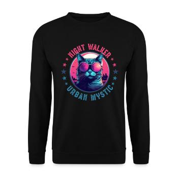 Stadtkatze mit rosaroter Brille bei Nacht in der Stadt - Unisex Pullover - Schwarz - Vorne - Alina (178cm) & Michal (187cm)