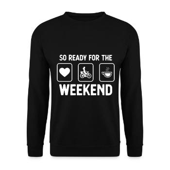 So bereit für das Wochenende - Kaffee - Frau Radfa - Unisex Pullover - Schwarz - Vorne - Alina (178cm) & Michal (187cm)
