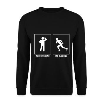 Votre mari - Mon mari - Running Man - Sweat-shirt Unisexe - noir - Devant - Alina (178cm) & Michal (187cm)