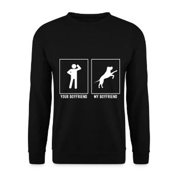 Ihr Freund - Mein Freund - Hund beim Spielen - Unisex Pullover - Schwarz - Vorne - Alina (178cm) & Michal (187cm)