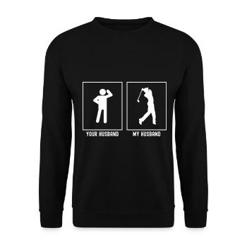 Ihr Ehemann - Mein Ehemann - Golf Blick nach recht - Unisex Pullover - Schwarz - Vorne - Alina (178cm) & Michal (187cm)