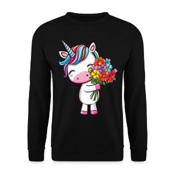 Niedliches Einhorn mit buntem Blumenstrauß - Unisex Pullover - Schwarz - Vorne - Alina (178cm) & Michal (187cm)