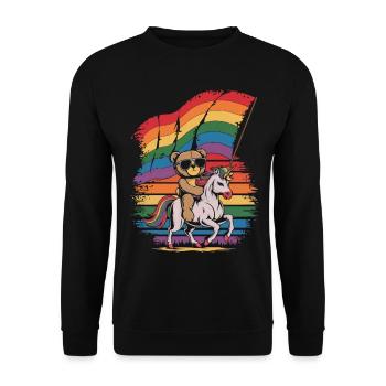 Teddy Bear Rides Unicorn LGBTQ Rainbow Flag - Unisex Sweatshirt - black - Front - Alina (178cm) & Michal (187cm)
