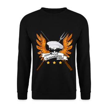 Grillmeister Schädel mit Flügeln - Unisex Pullover - Schwarz - Vorne - Alina (178cm) & Michal (187cm)