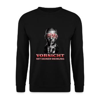 Vorsicht, Subtile Botschaft mit Augenbinde - Unisex Pullover - Schwarz - Vorne - Alina (178cm) & Michal (187cm)