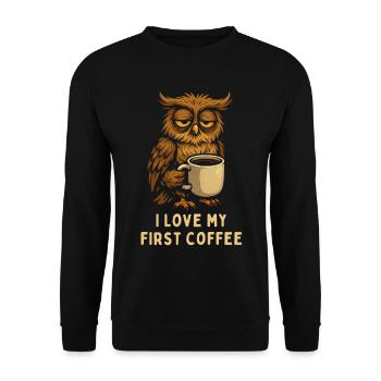 I Love my first Coffee Eule Owl - Unisex Pullover - Schwarz - Vorne - Alina (178cm) & Michal (187cm)