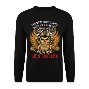 Als Gott mich schuf ging er grinsend zum Teufel - Unisex Pullover - Schwarz - Vorne - Alina (178cm) & Michal (187cm)