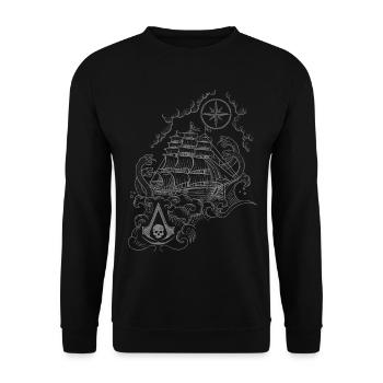Assasssin's Creed Black Flag Schiff & Seeschlacht - Unisex Pullover - Schwarz - Vorne - Alina (178cm) & Michal (187cm)