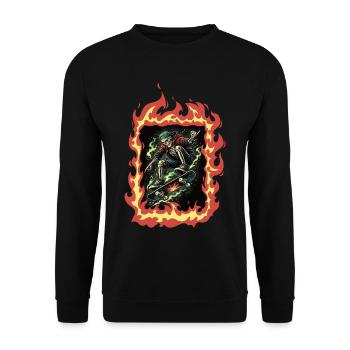 Flammen Skelett Skateboard - Unisex Pullover - Schwarz - Vorne - Alina (178cm) & Michal (187cm)