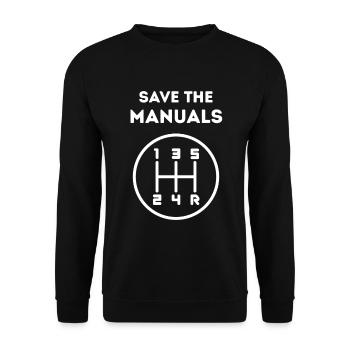 Save The Manuals, Weißdruck - Unisex Pullover - Schwarz - Vorne - Alina (178cm) & Michal (187cm)