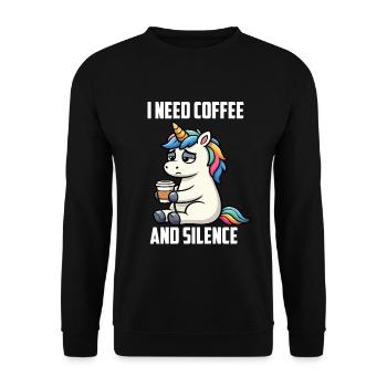 I Need Coffee and Silence Einhorn Einhörner  - Unisex Pullover - Schwarz - Vorne - Alina (178cm) & Michal (187cm)