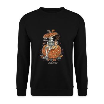 Gemütliches Halloween-Skelett im Kürbis - Unisex Pullover - Schwarz - Vorne - Alina (178cm) & Michal (187cm)