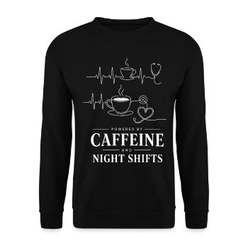 Kaffee Power Nachtshifts Illustration - Unisex Pullover - Schwarz - Vorne - Alina (178cm) & Michal (187cm)