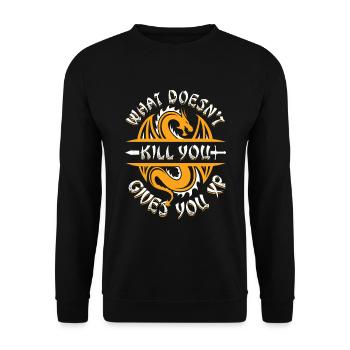 Was dich nicht umbringt, gibt dir XP - Unisex Pullover - Schwarz - Vorne - Alina (178cm) & Michal (187cm)
