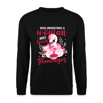 Ne sous-estimez jamais une femme qui aime les flamants roses - Sweat-shirt Unisexe - noir - Devant - Alina (178cm) & Michal (187cm)