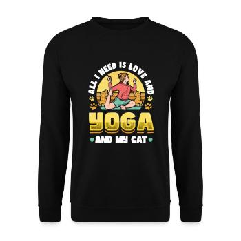 Alles Was Ich Brauche Ist Liebe, Yoga und Katze - Unisex Pullover - Schwarz - Vorne - Alina (178cm) & Michal (187cm)