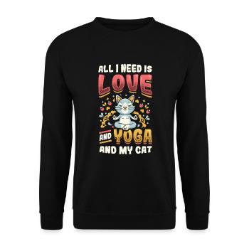 Alles Was Ich Brauche Ist Liebe, Yoga und Katze - Unisex Pullover - Schwarz - Vorne - Alina (178cm) & Michal (187cm)