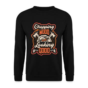 Holz Hacken Und Gut Aussehen Woodworker - Unisex Pullover - Schwarz - Vorne - Alina (178cm) & Michal (187cm)