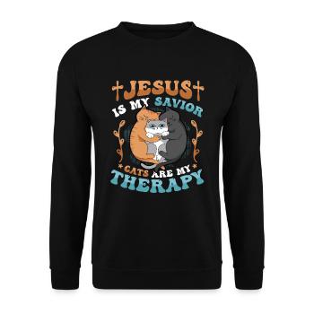 Jesus is my Savior, cats are my therapy. - Unisex Sweatshirt - black - Front - Alina (178cm) & Michal (187cm)