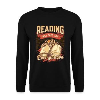 Lesen Bringt Dich Überall Hin, Buch Lesen - Unisex Pullover - Schwarz - Vorne - Alina (178cm) & Michal (187cm)