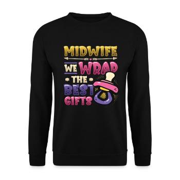 Hebamme Wir Verpacken Die Besten Geschenke - Unisex Pullover - Schwarz - Vorne - Alina (178cm) & Michal (187cm)