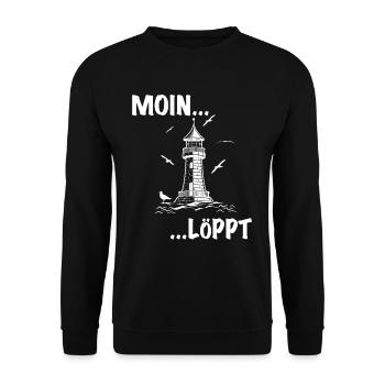 Moin Löppt mit Leuchtturm plattdeutsch Motiv - Unisex Pullover - Schwarz - Vorne - Alina (178cm) & Michal (187cm)
