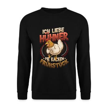 Ich Liebe Hühner, Die Kacken Frühstück - Unisex Pullover - Schwarz - Vorne - Alina (178cm) & Michal (187cm)