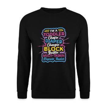 Kleinkind Jagt Windel, Wechselnde Tagesmutter - Unisex Pullover - Schwarz - Vorne - Alina (178cm) & Michal (187cm)