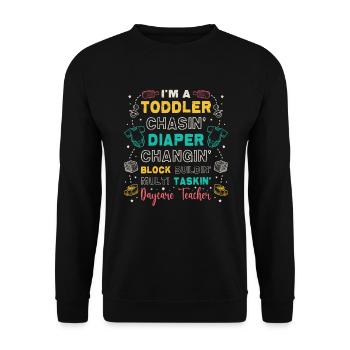 Kleinkind Jagt Windel, Wechselnde Tagesmutter - Unisex Pullover - Schwarz - Vorne - Alina (178cm) & Michal (187cm)
