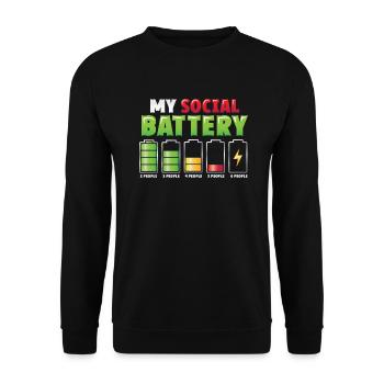 Meine Sozialbatterie - Asozialer Introvertierter - Unisex Pullover - Schwarz - Vorne - Alina (178cm) & Michal (187cm)
