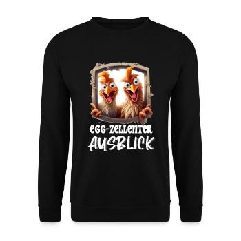 egg-zellenter Ausblick lustige Hühner Spruch Bauer - Unisex Pullover - Schwarz - Vorne - Alina (178cm) & Michal (187cm)