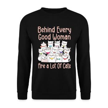 Hinter jeder guten Frau stehen viele Katzen - Unisex Pullover - Schwarz - Vorne - Alina (178cm) & Michal (187cm)