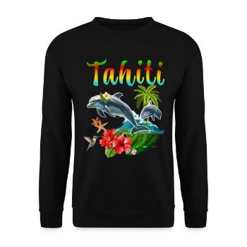 Tahiti Delphin Hibiskus Kolibri Kokospalme - Unisex Pullover - Schwarz - Vorne - Alina (178cm) & Michal (187cm)