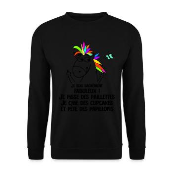 Homme Fabuleux Licorne Humour Papillons Paillettes - Sweat-shirt Unisexe - noir - Devant - Alina (178cm) & Michal (187cm)