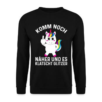 Einhorn frech lustig Geschenk Mittelfinger witzig - Unisex Pullover - Schwarz - Vorne - Alina (178cm) & Michal (187cm)