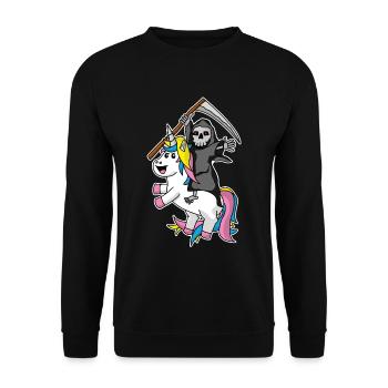 Tod reitet Einhorn Sensemann Ironie Humor - Unisex Pullover - Schwarz - Vorne - Alina (178cm) & Michal (187cm)