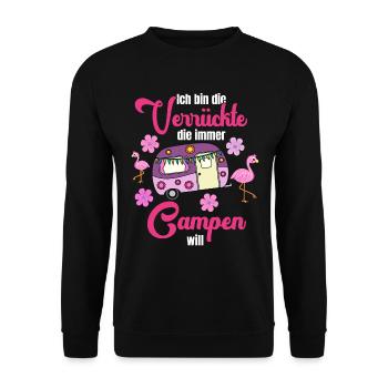 Camping Camperin Verrückte Flamingo Wohnwagen - Unisex Pullover - Schwarz - Vorne - Alina (178cm) & Michal (187cm)