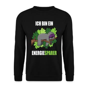 Faultier Ich bin ein Energiesparer Spruch - Unisex Pullover - Schwarz - Vorne - Alina (178cm) & Michal (187cm)