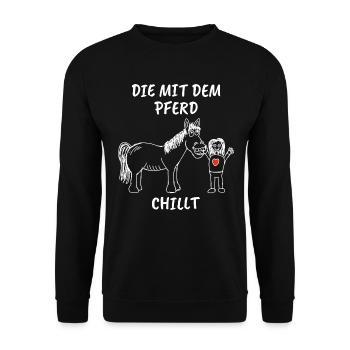 Die mit dem Pferd chillt Pferde Reiterin - Unisex Pullover - Schwarz - Vorne - Alina (178cm) & Michal (187cm)