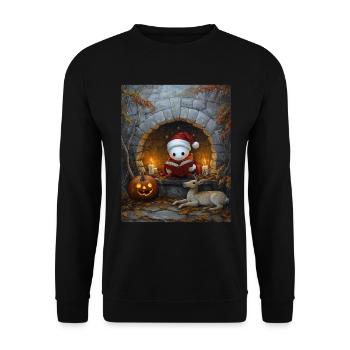 Halloween Geschenk Geist mit Weihnachtsmütze Deko - Unisex Pullover - Schwarz - Vorne - Alina (178cm) & Michal (187cm)