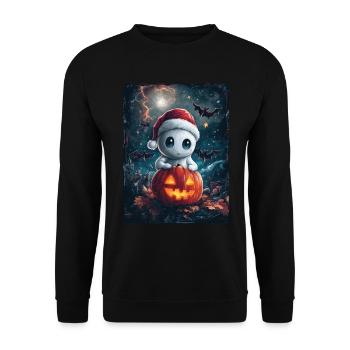 Halloween Geschenk Geist mit Weihnachtsmütze Deko - Unisex Pullover - Schwarz - Vorne - Alina (178cm) & Michal (187cm)