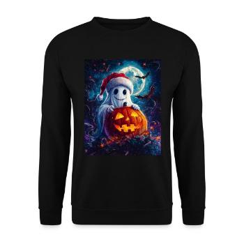 Halloween Geschenk Geist mit Weihnachtsmütze Deko - Unisex Pullover - Schwarz - Vorne - Alina (178cm) & Michal (187cm)