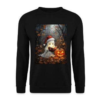 Halloween Geschenk Geist mit Weihnachtsmütze Deko - Unisex Pullover - Schwarz - Vorne - Alina (178cm) & Michal (187cm)