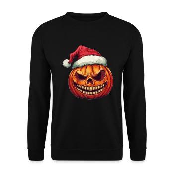 Halloween Geschenk Kürbis mit Weihnachtsmütze Deko - Unisex Pullover - Schwarz - Vorne - Alina (178cm) & Michal (187cm)