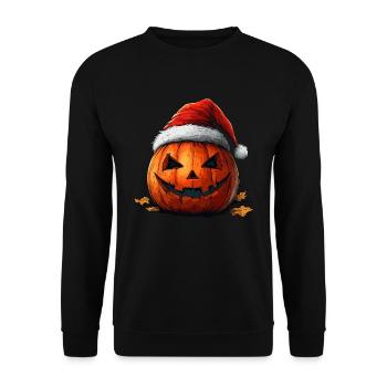 Halloween Geschenk Kürbis mit Weihnachtsmütze Deko - Unisex Pullover - Schwarz - Vorne - Alina (178cm) & Michal (187cm)