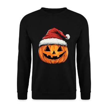 Halloween Geschenk Kürbis mit Weihnachtsmütze Deko - Unisex Pullover - Schwarz - Vorne - Alina (178cm) & Michal (187cm)